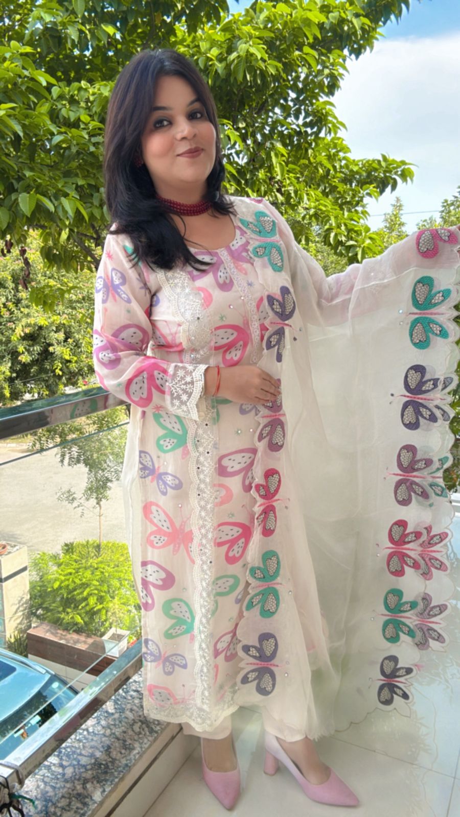 white & pink suit