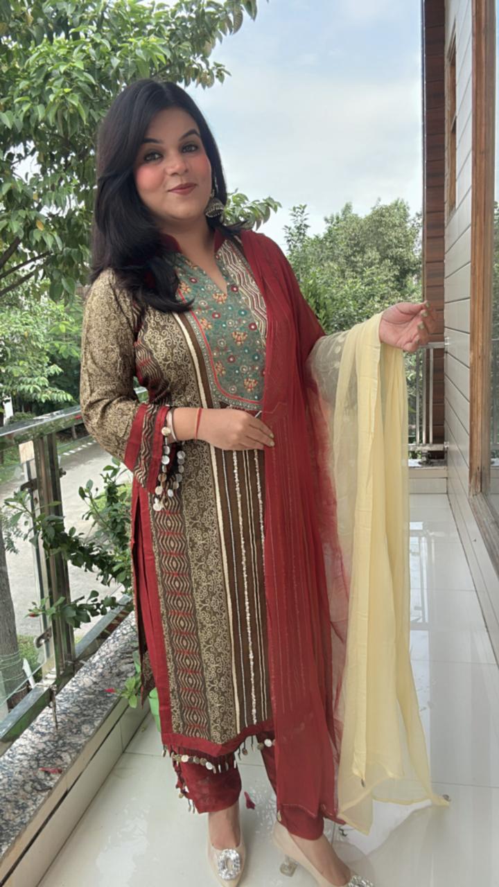 Brown with golden prints and teal-green embroidery suit