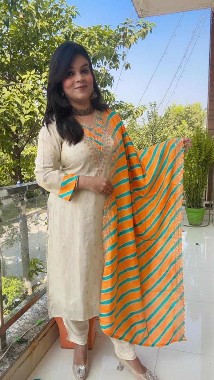 zari and embroidered white suit