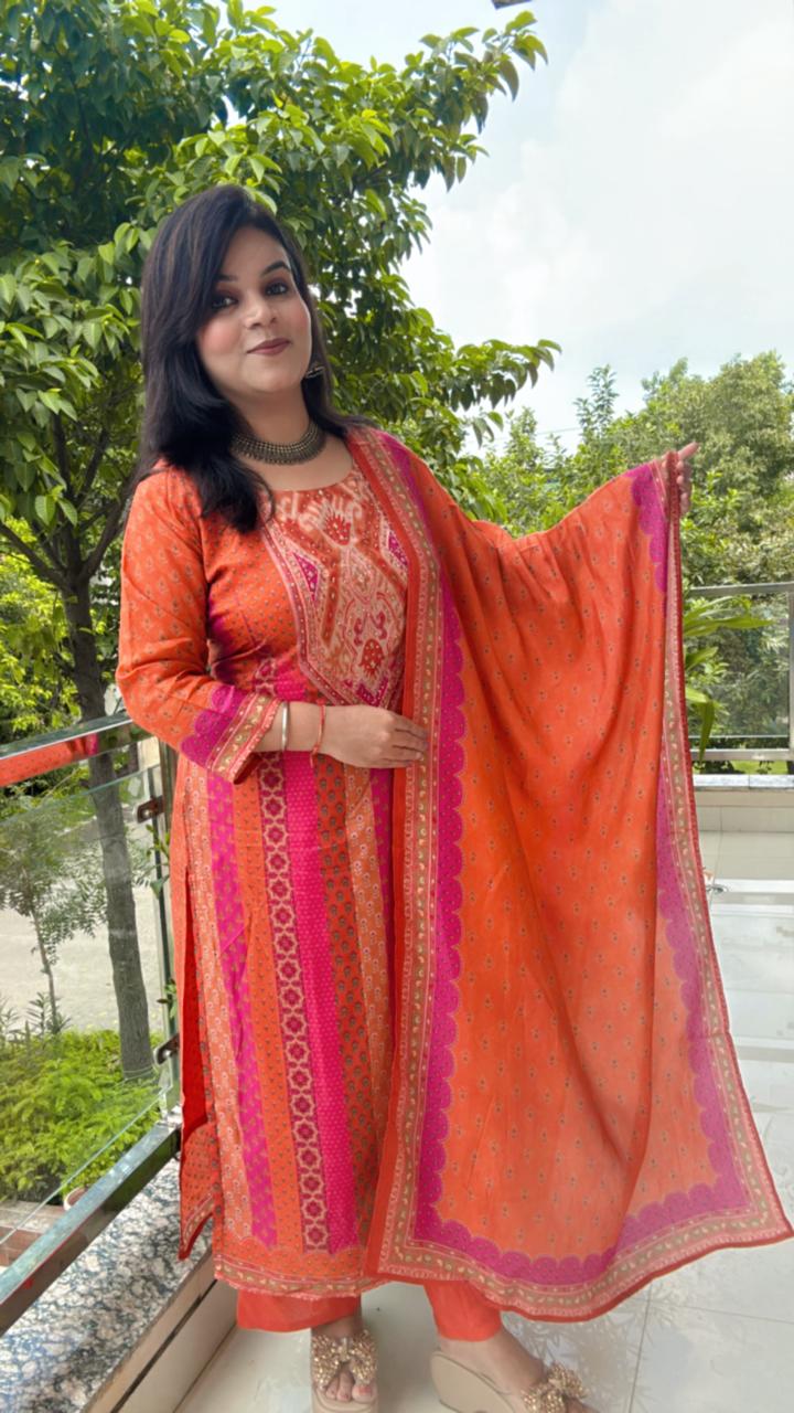 orange and pink suit