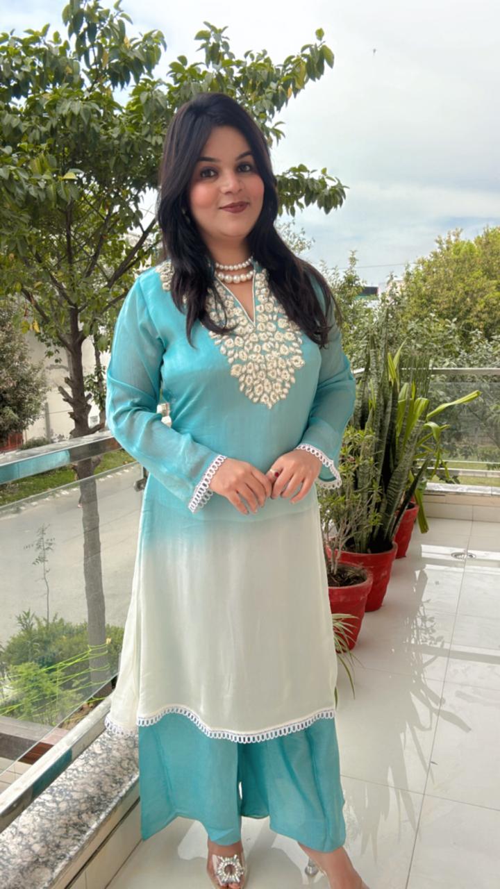 white lace or crochet trim light blue