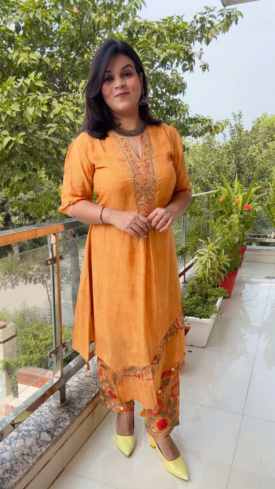 Mustard Yellow A-Line Kurta with Printed Sharara/Palazzo