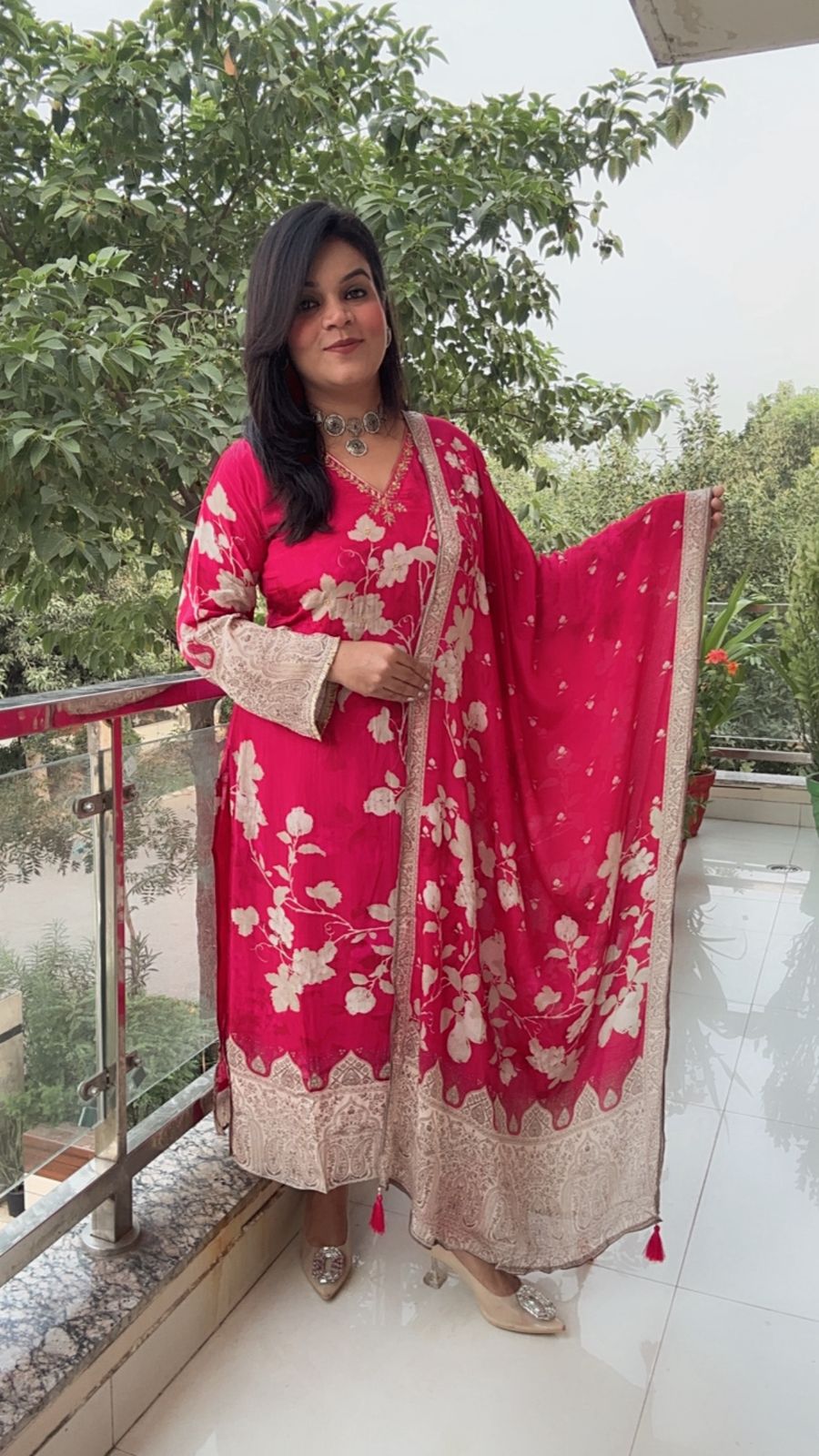 Vibrant Fuchsia Floral Print Suit with Intricate Border RED SUIT