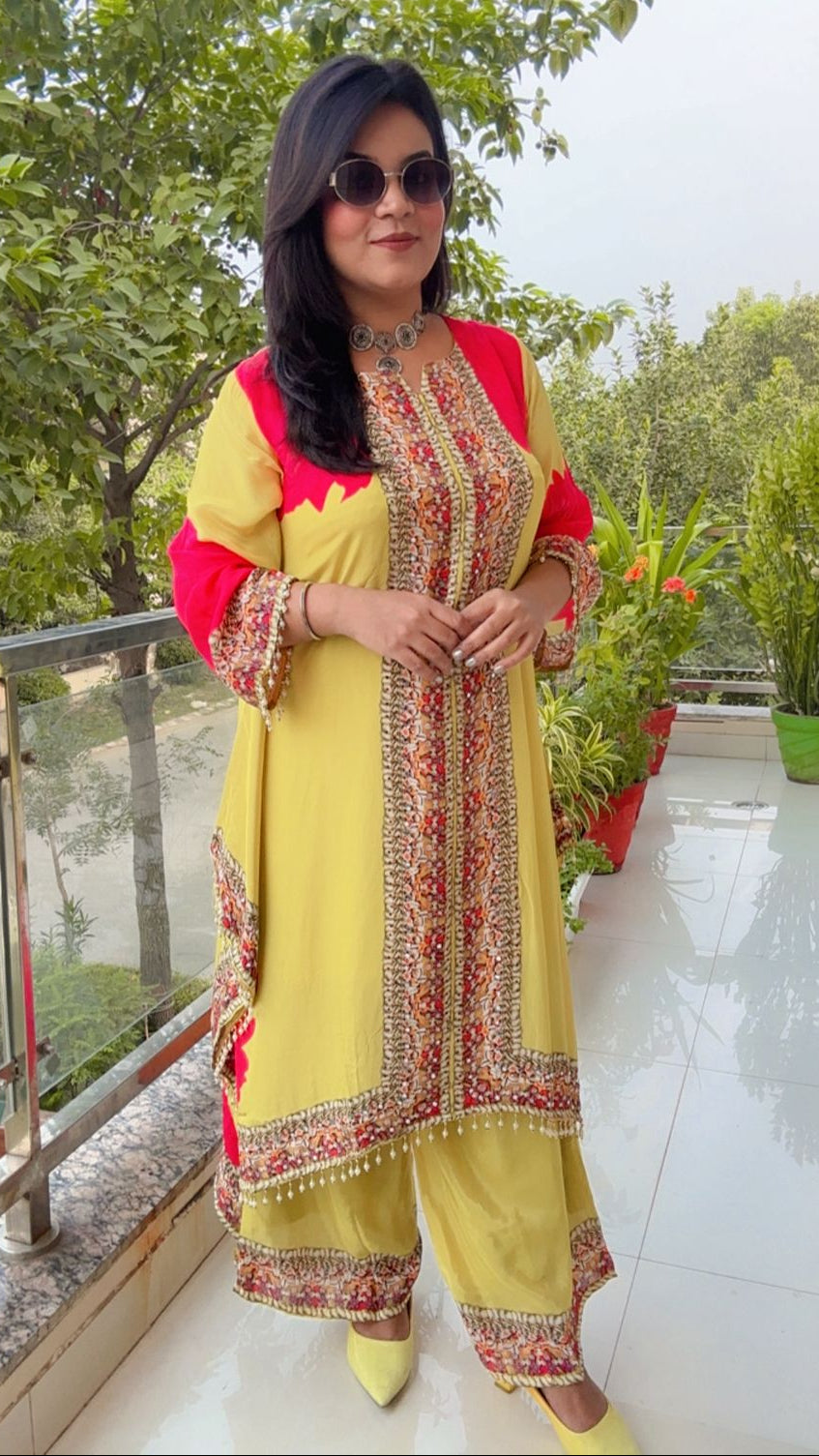 Bright Yellow Tunic cord-set with Multi-Color Ethnic Yok