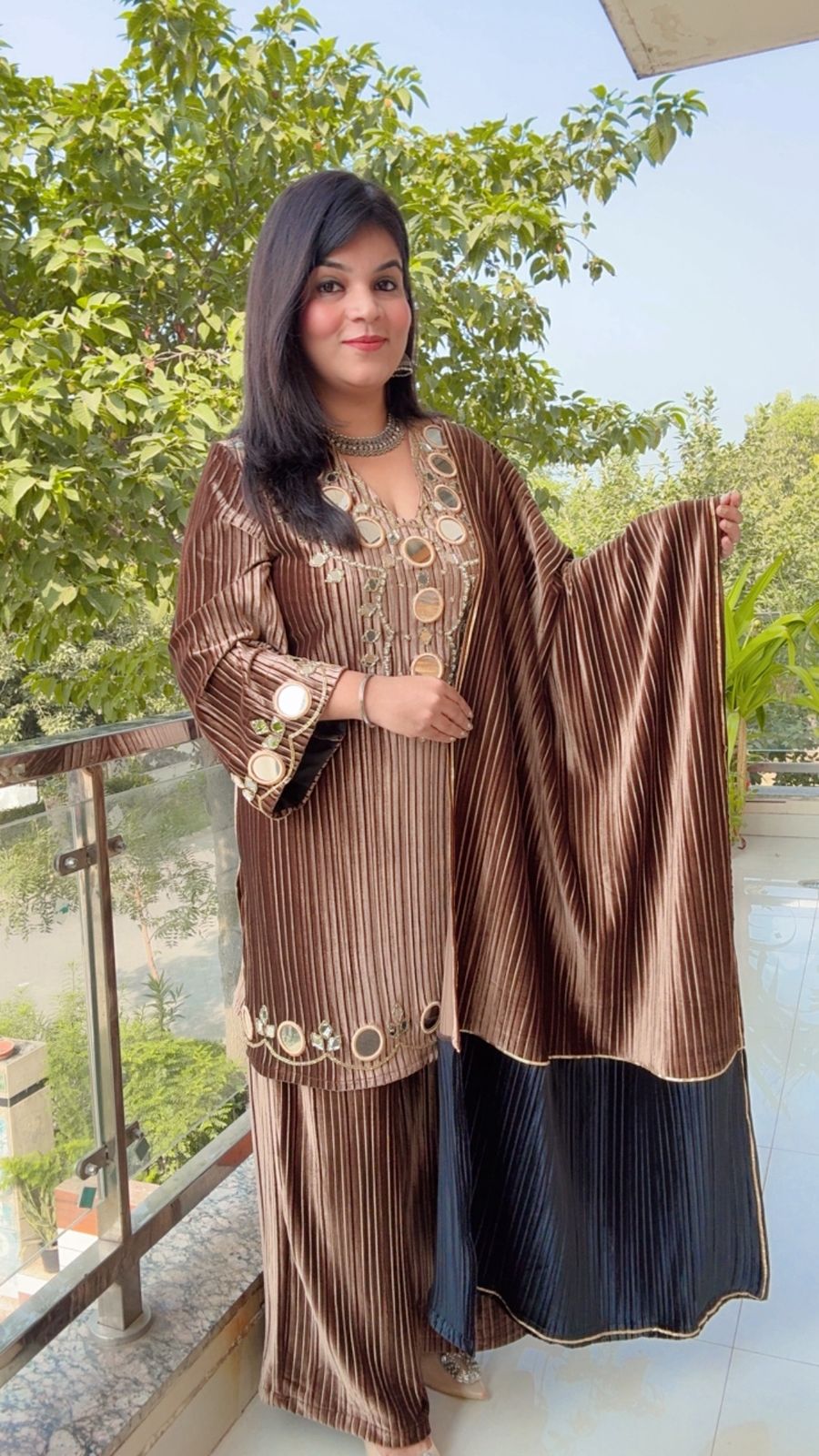 Two-Tone Velvet Mirror Work Ensemble