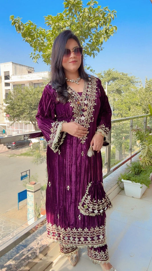 The Modern Regal: Velvet Co-ord with Sheesh Work