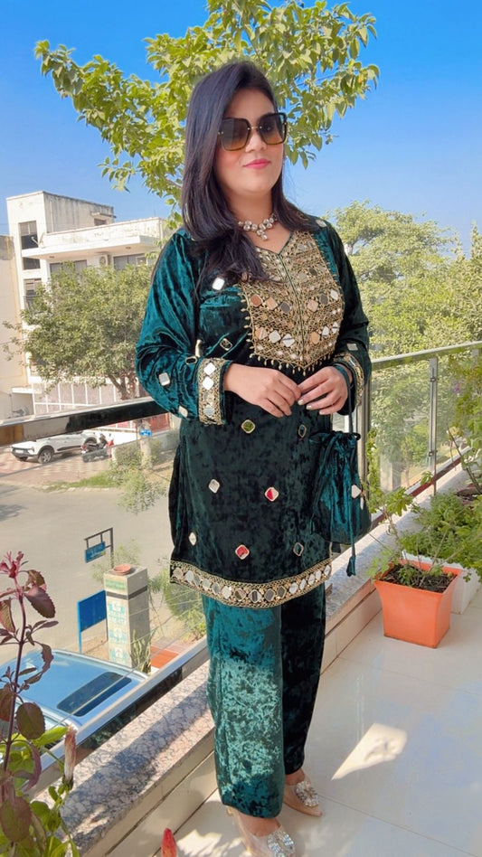 Velvet & Mirror Work Outfit (GREEN)