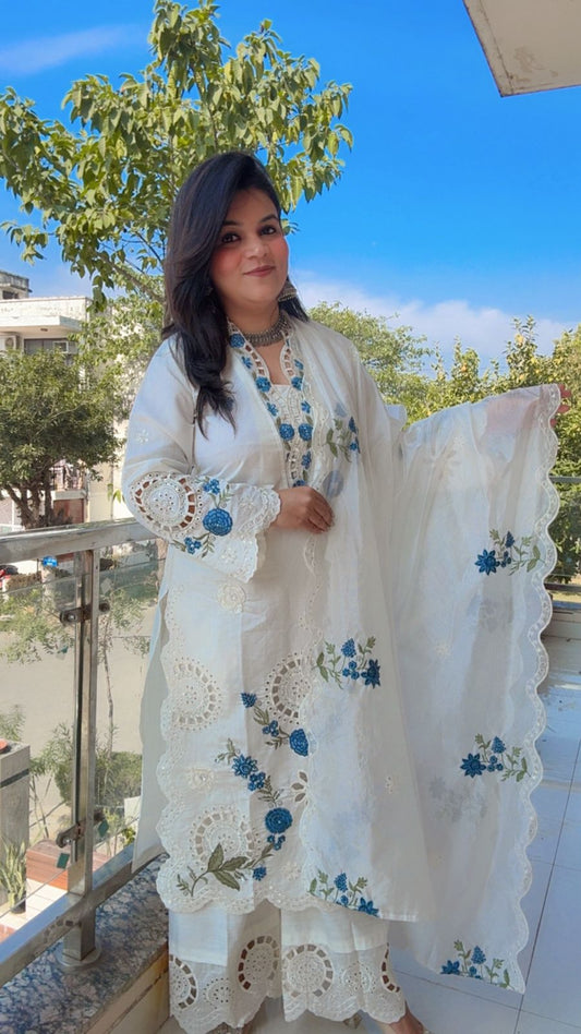 White Cutwork Cotton Suit with Blue Floral Embroidery