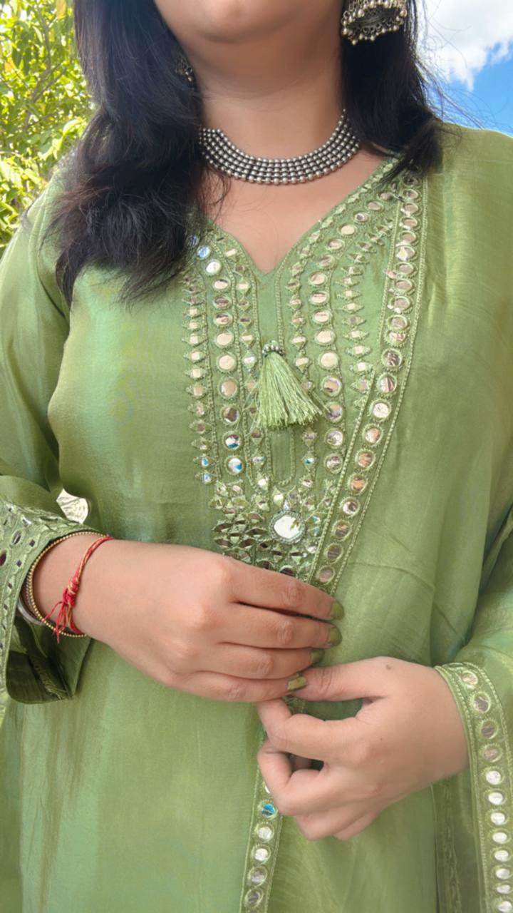 PASTEL GREEN MIRROR WORK ETHNIC SUIT