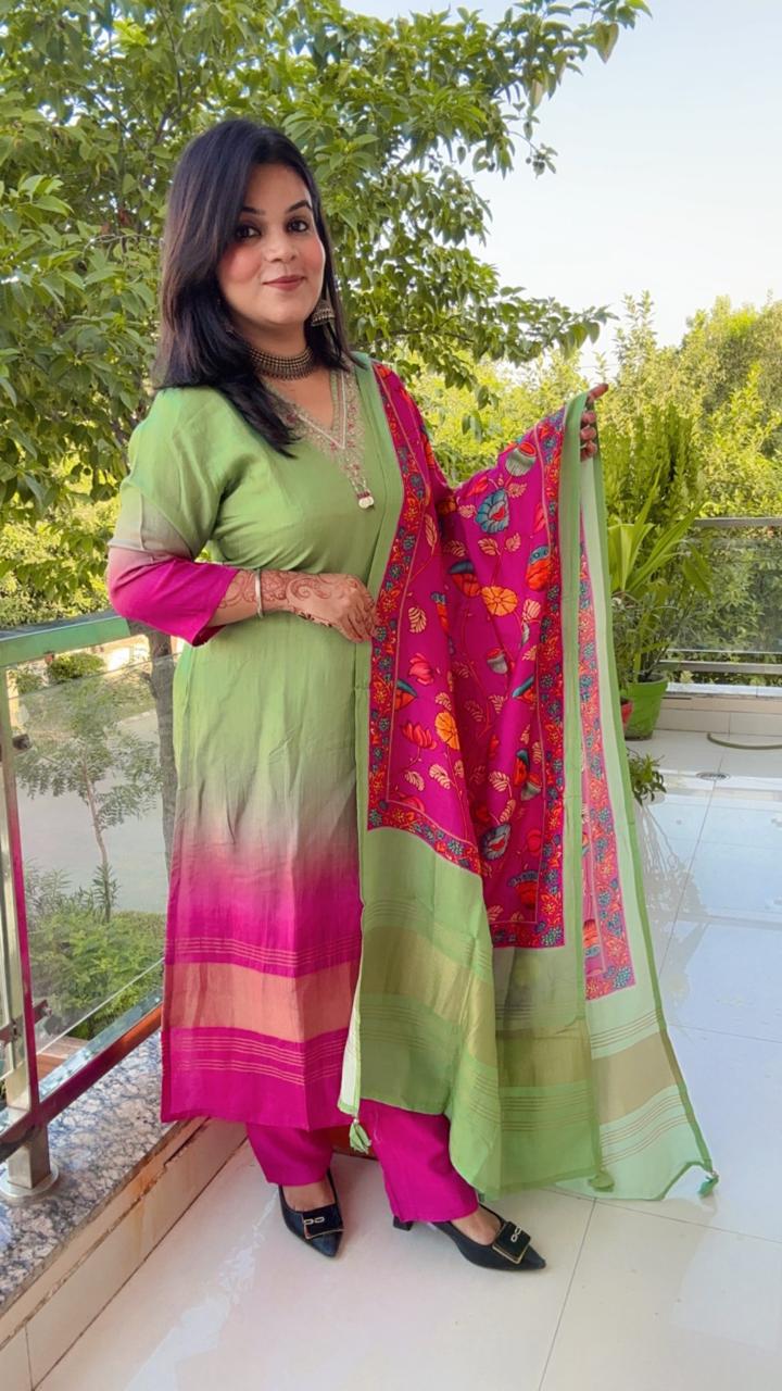 green and pink silk suit