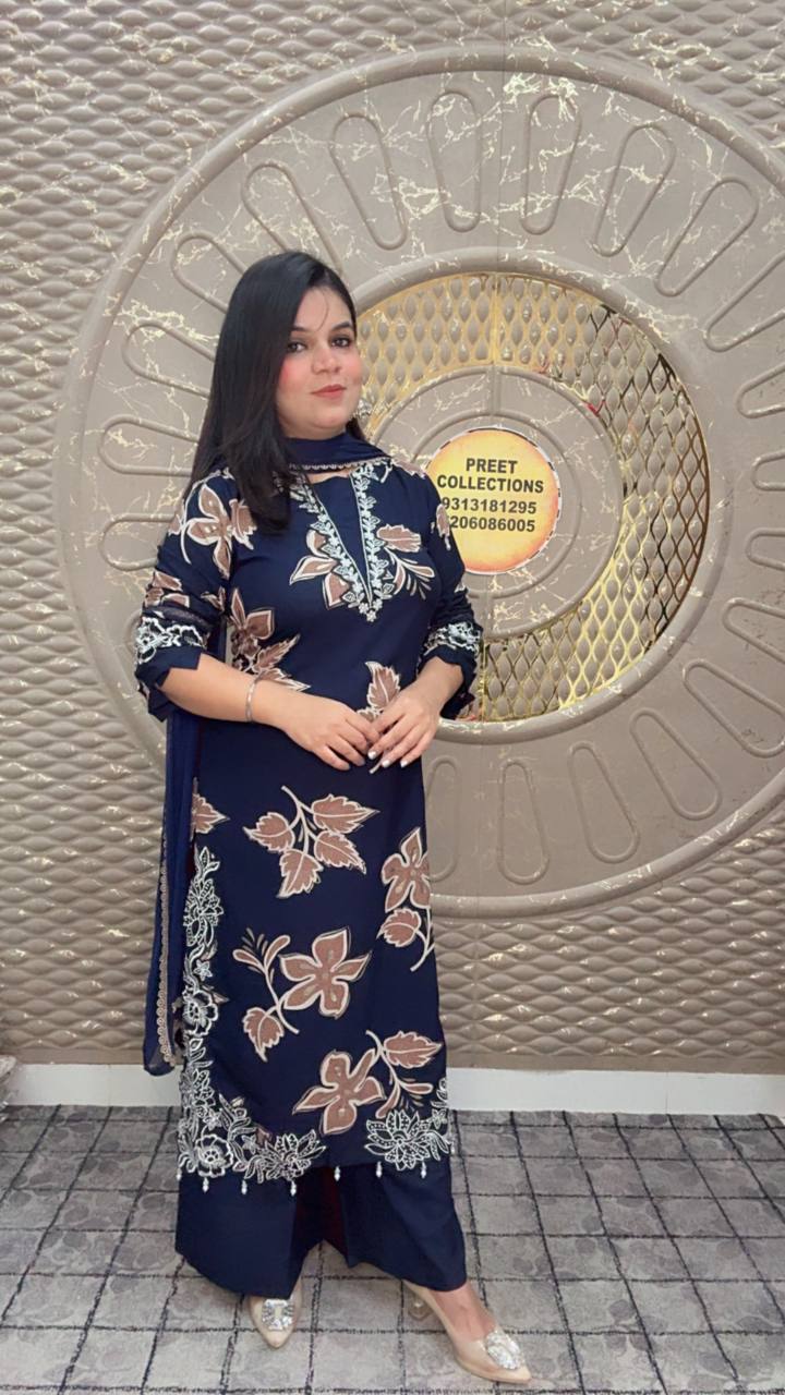 Cotton Rayon Blue Printed Suit
