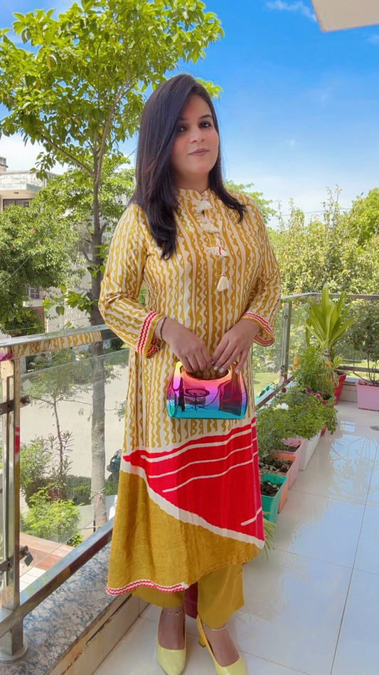 Mustard White Crepe Printed Suit