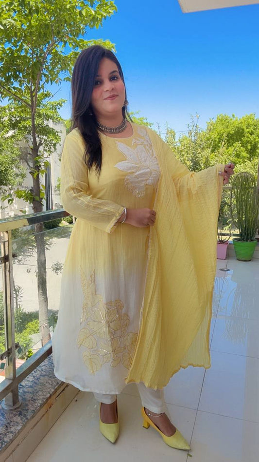 White And Yellow Map Cotton Anarkali Suit