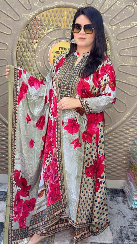 Cotton-Silk Floral Printed Suit