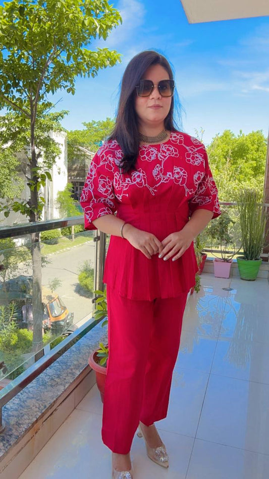 Red Floral Cotton Cord-Set For summer