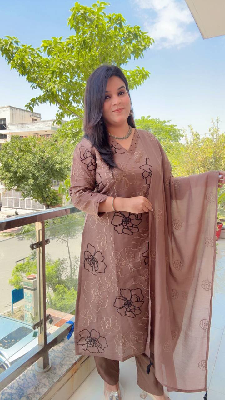 Brown Large Floral Embroidered Suit