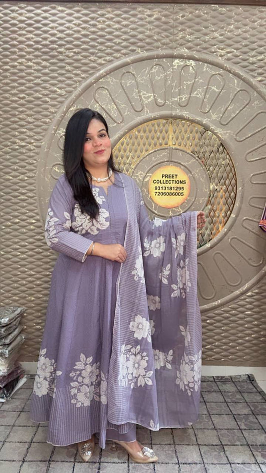 Cotton lavender Anarkali kurta set featuring detailed white floral embroidery.