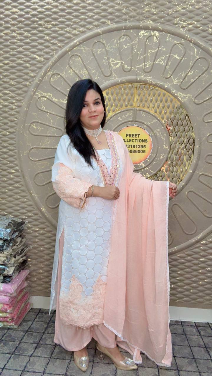 Peach and white Schiffli Suit Set
