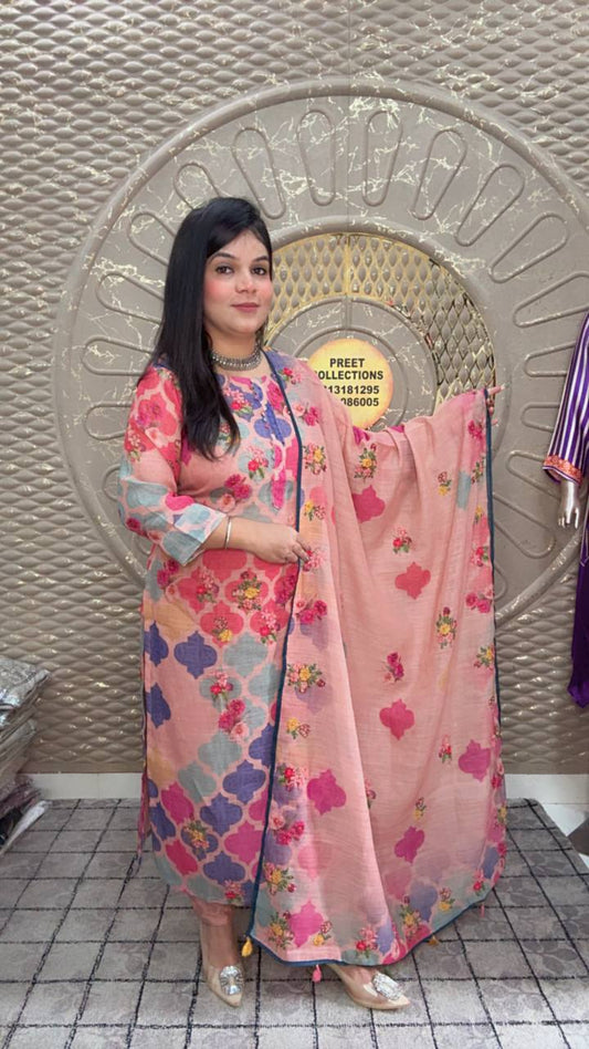 Vibrant Pink Patterned Linen Silk Suit