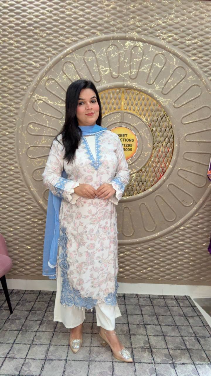 Pakistani-Style Kurta With Blue lace Border Cotton Rayon Suit