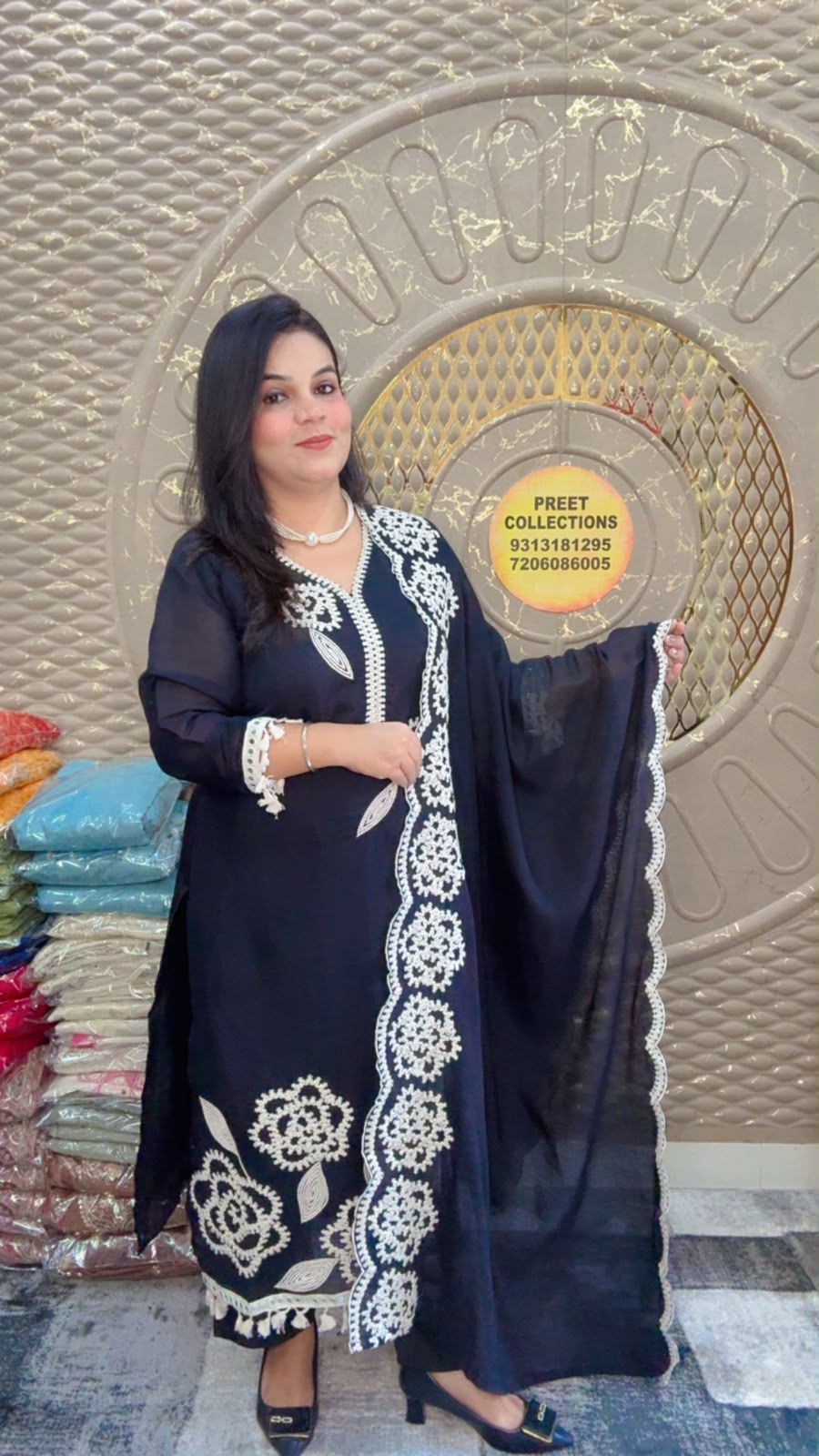 Dark Blue Crush Cotton Organza Silk Suit