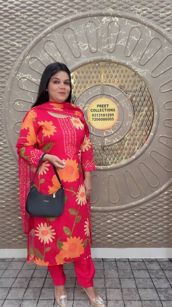 Bright Red Floral Kurta Set