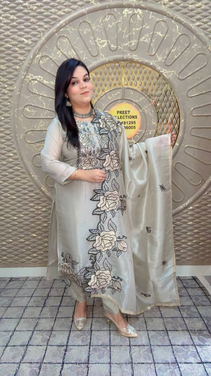 Shimmer Silk Grey With Embroidered Dupatta