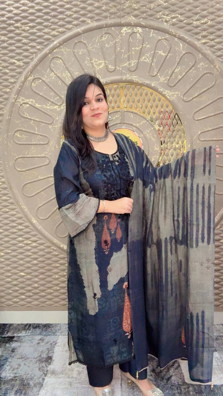 Navy Blue and Grey Patterned Muslin Suit