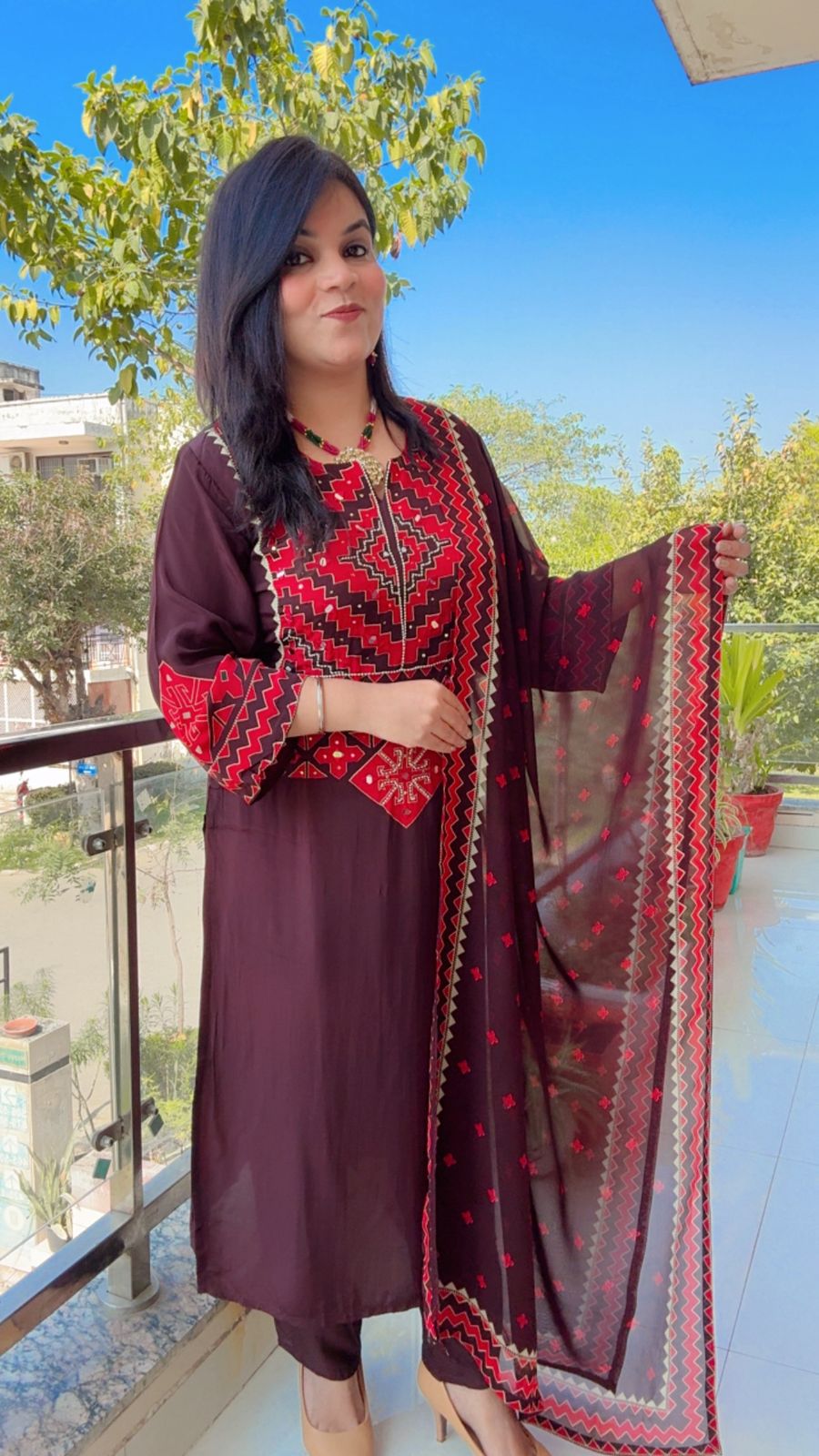 Crepe Brown or Red Printed Suit