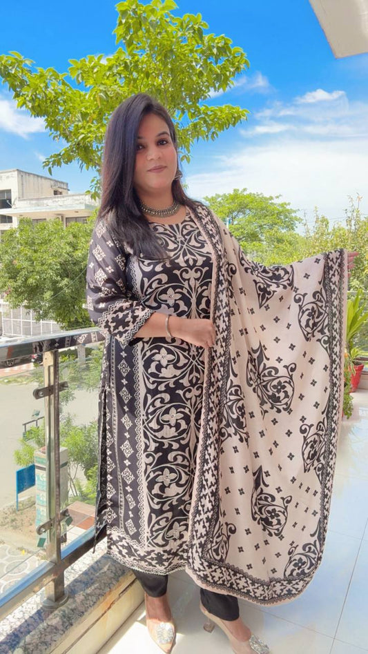Black And Beige Muslin Printed Suit