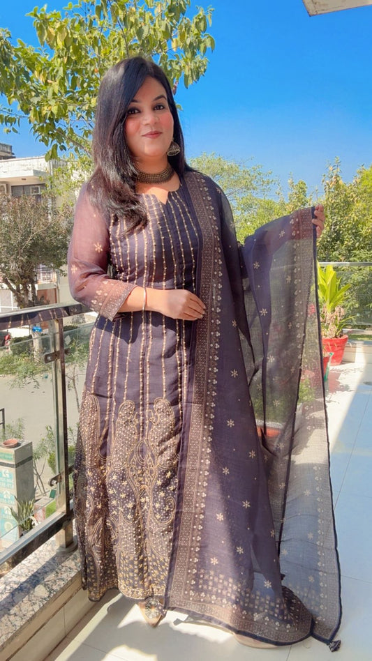 Linen Silk Grey Anarkali Suit