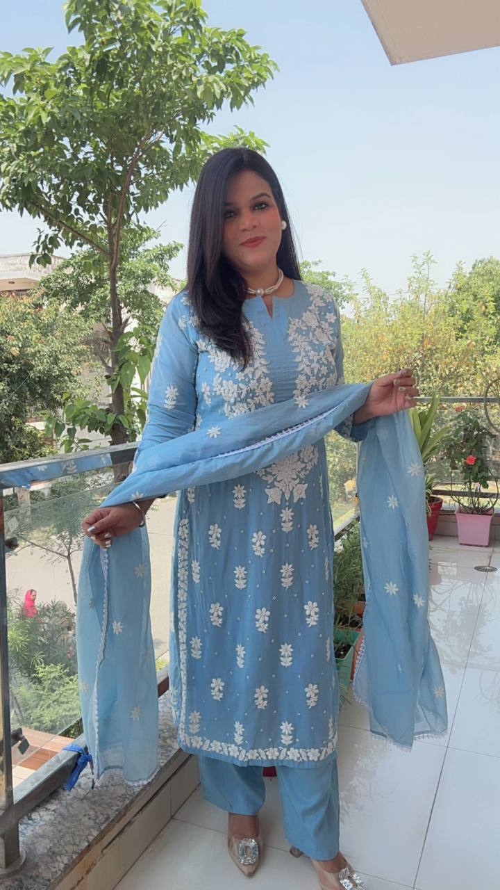 Map Cotton Sky Blue Embroidered Suit