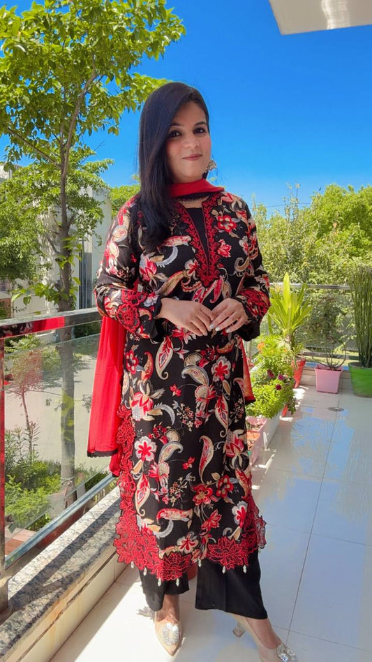 Black and Red Floral Pakistani-Style Salwar Kameez with Lace Cutwork
