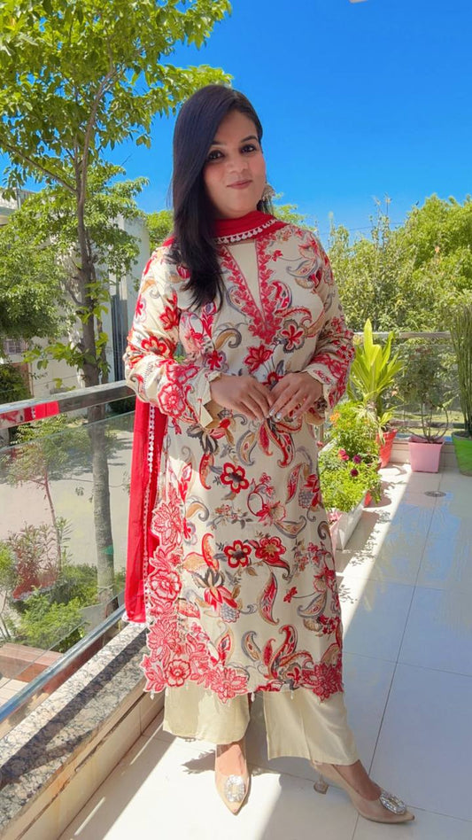 White and Red Floral Thread Embroidery Cotton Rayon Suit Set