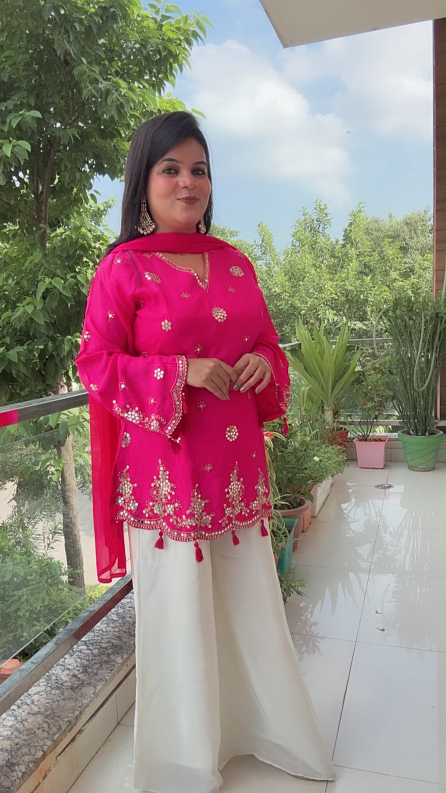 Pink And White Plazzo Suit