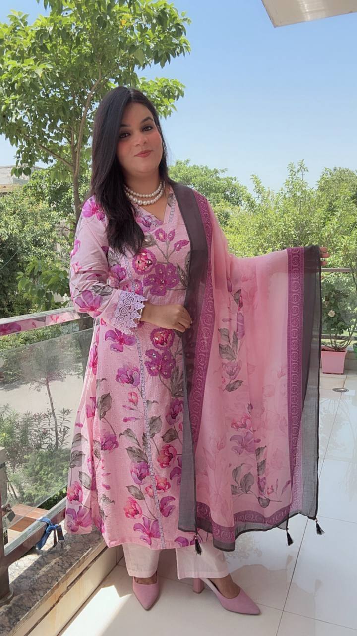 Cotton Schiffli Pink Floral Printed Suit