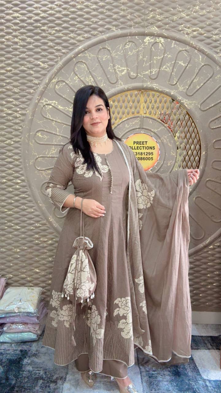 princess polly baby blue dress Bahni Brown Floral Print Angrakha Neck Anarkali Suit Set main image 0