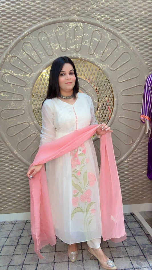 White-Peach Floral Anarkali Suit With Dupatta