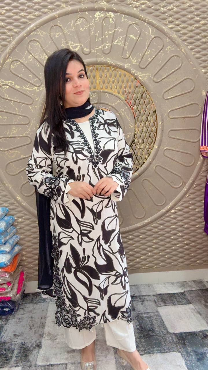 Black And white Printed Cotton Suit