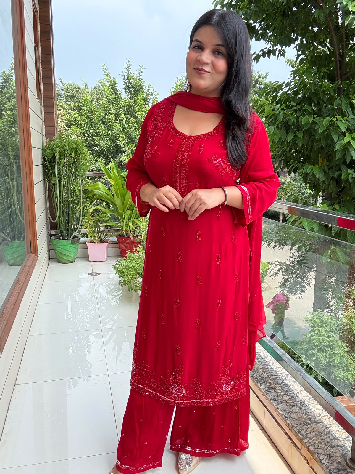 Bright Red With heavily Embroidered Plazzo Suit