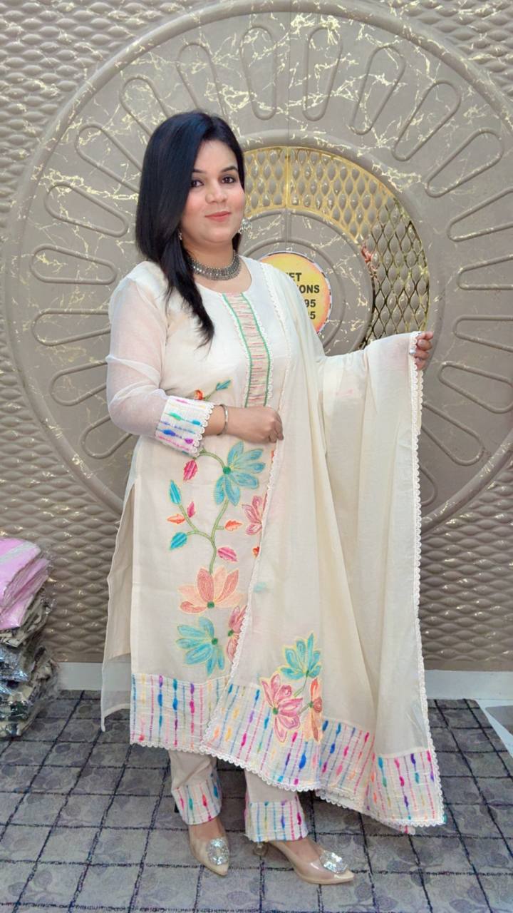 White Kota Doria Floral Embroidered Suit Set