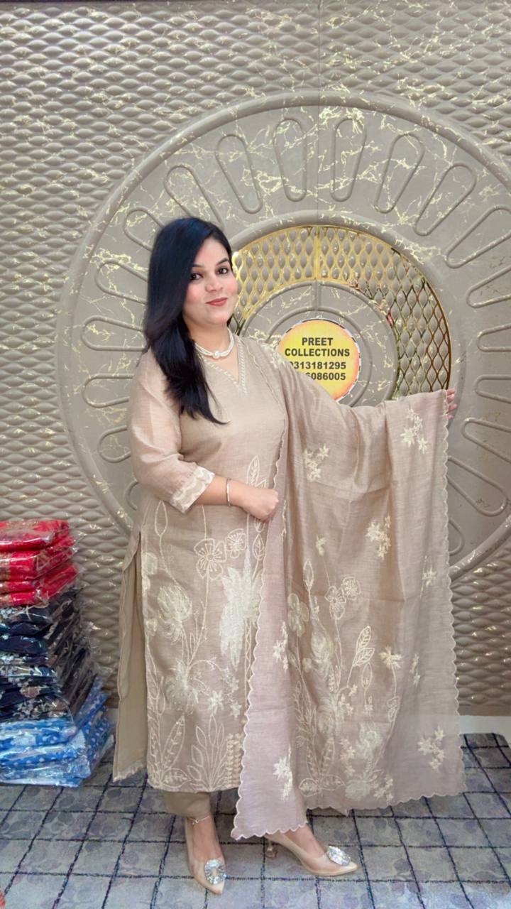 Beige Linen Silk Suit With Embroidery