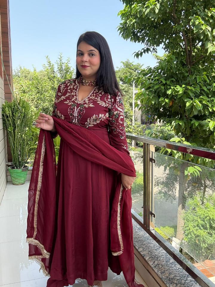Deep Maroon Chinnon Handwork Anarkali Suit