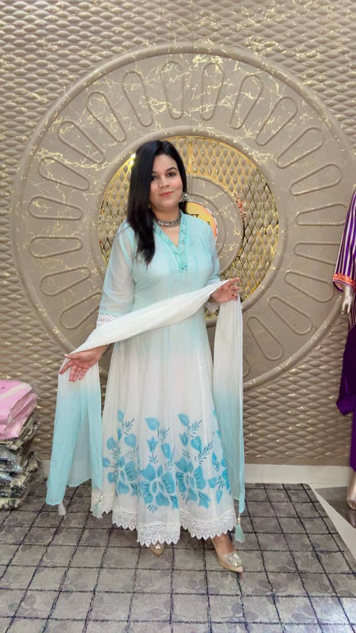 White And Pastel Aqua Anarkali With Embroidery