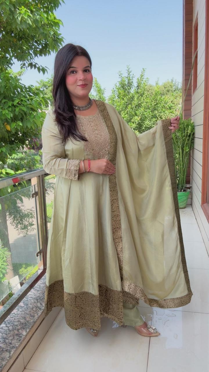 Shimmer Tissue Light Olive Anarkali Suit