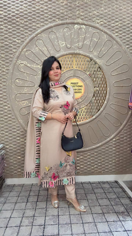 Beige Floral Embroidered Dupatta Suit