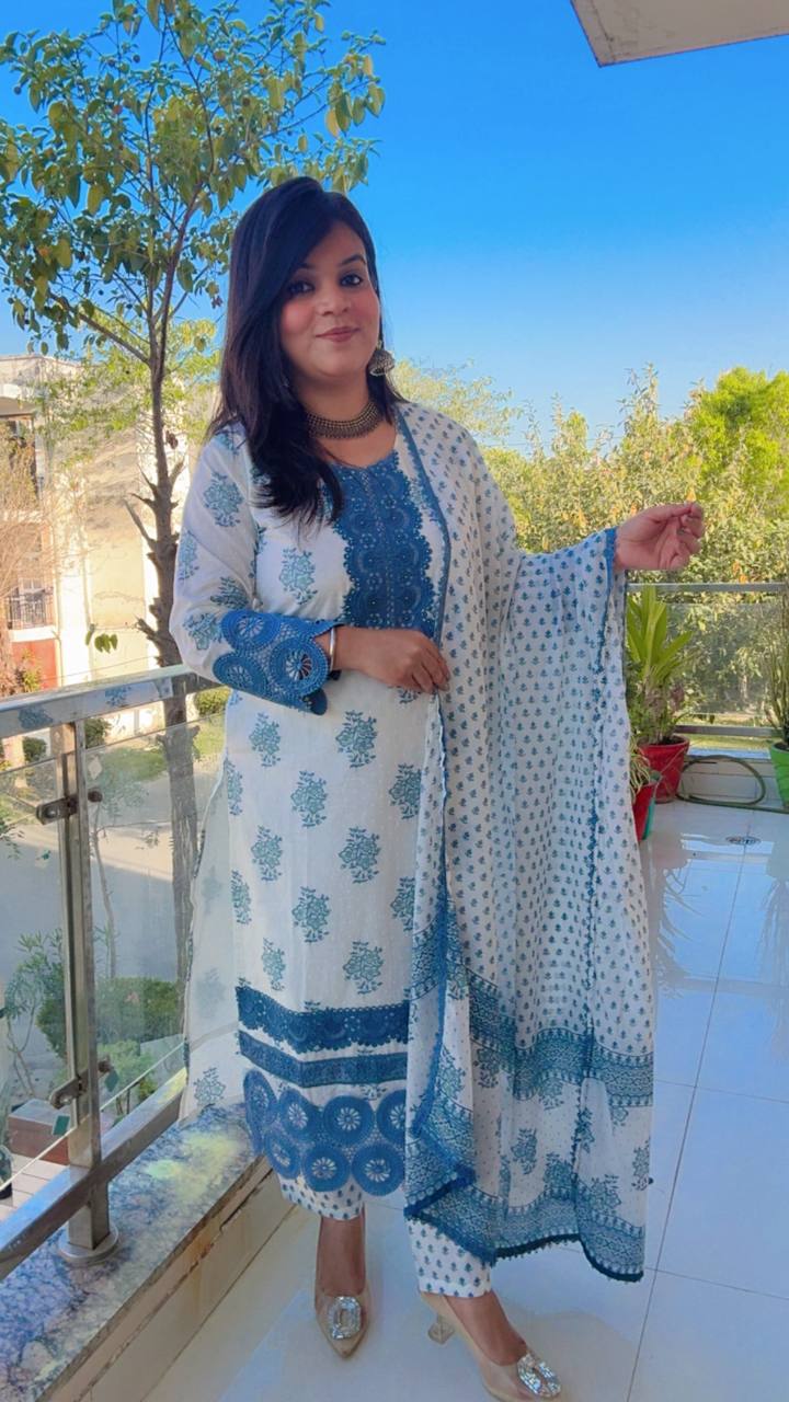 Blue and White cotton Straight suit