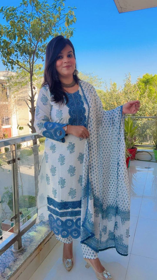 Blue and White cotton Straight suit