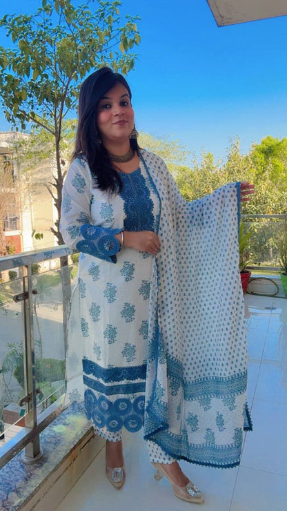 Blue and White cotton Straight suit