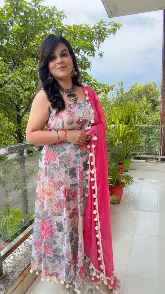 cream and pink anarkali suit